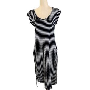 Toad & Co Dress Womens Medium Blue Stripe V Neck T-Shirt Pockets Ruched Casual